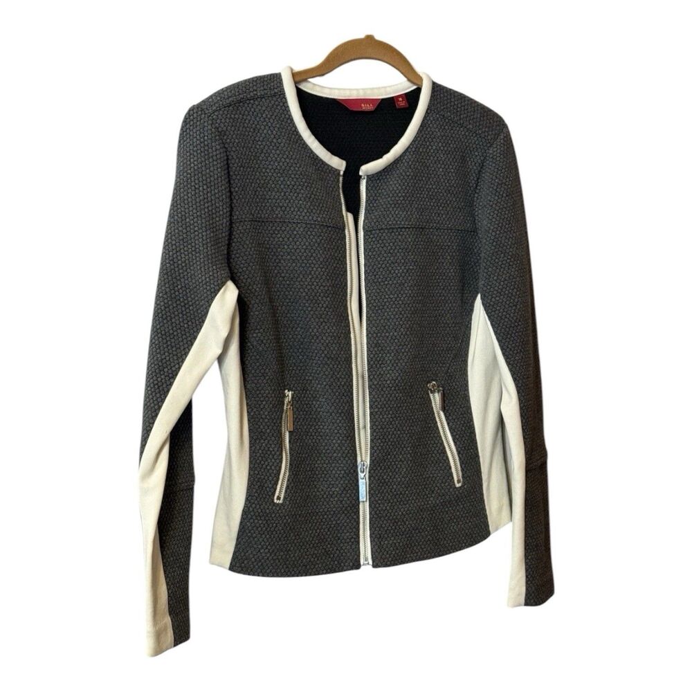 G.I.L.I  Ponte Knit Fitted Moto Sweater Jacket Gray/Cream SIZE 16
